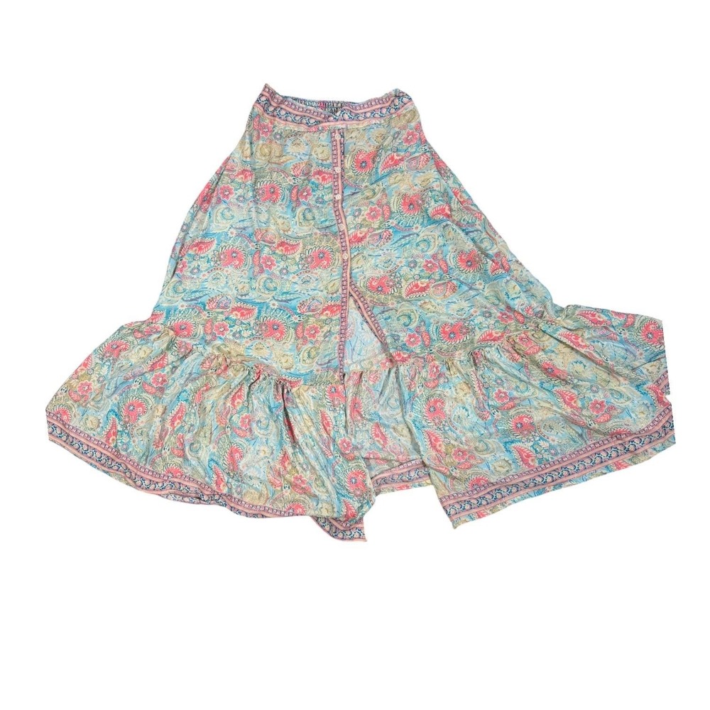 Vintage Paisley Maxi Skirt Womens Free Size Blue Pink Button Front Boho Slit - Picture 4 of 9